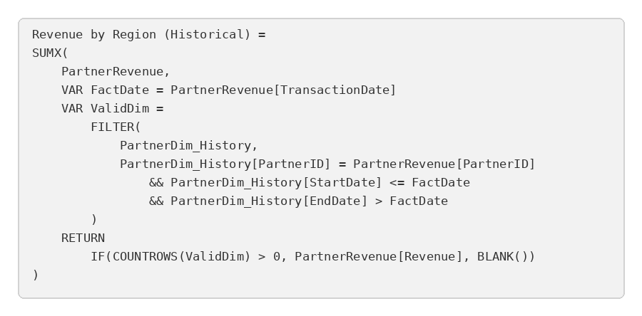 DAX measure for historical revenue calculation using SCD Type 2 with date-based filtering and valid dimension matching