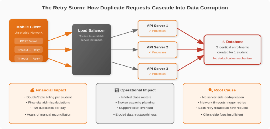 API retry storm diagram showing duplicate requests through load balancer causing duplicate database records without deduplication safeguards. 