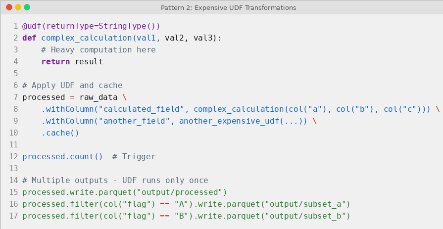 PySpark caching after expensive UDF transformations to avoid recomputation, materializing once, then writing multiple filtered outputs.