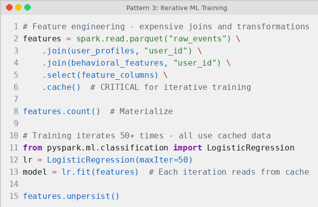 PySpark caching features for iterative ML training, joining datasets, materializing cache, fitting LogisticRegression, then unpersisting.