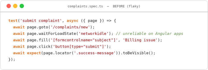 Flaky Playwright test using networkidle wait and UI selectors for complaint submission flow