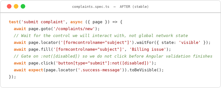 Stable Playwright test waiting for element visibility and enabled button before submitting complaint