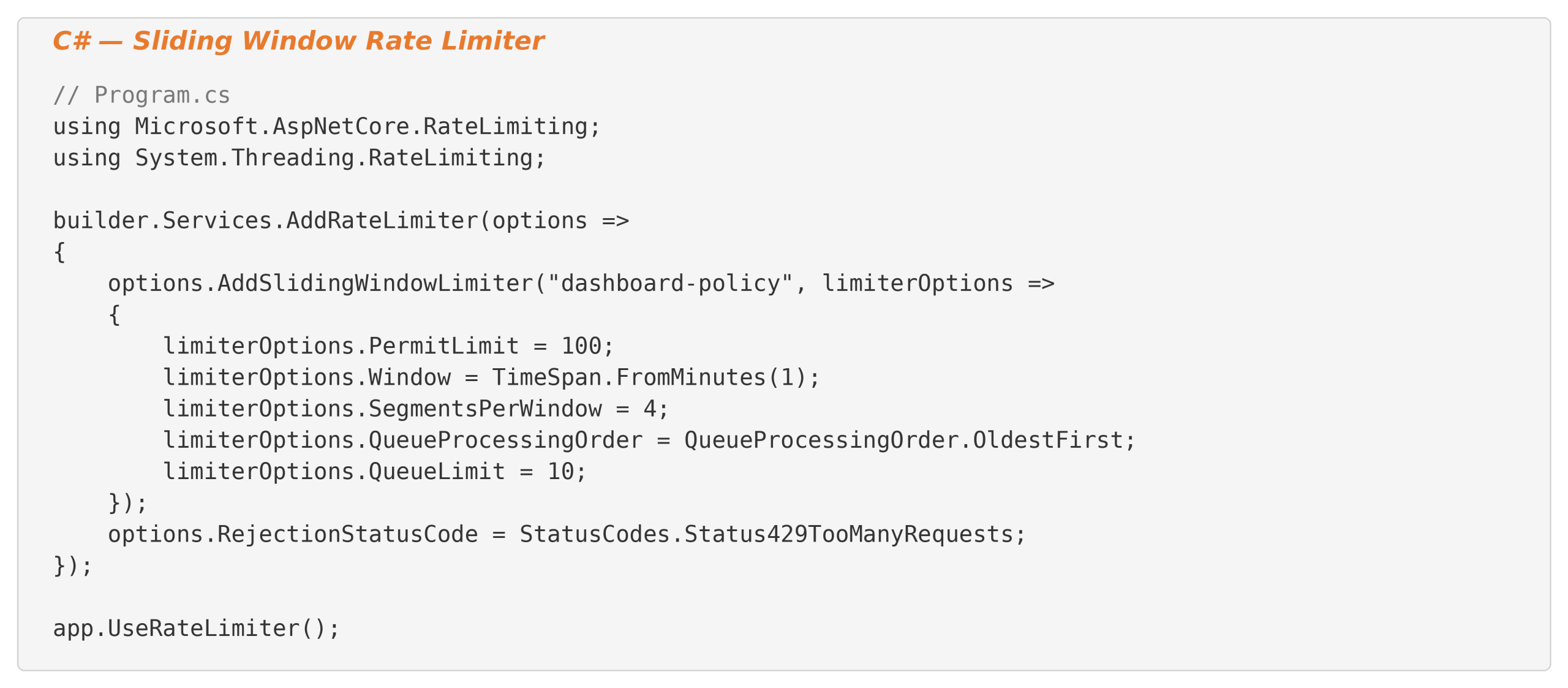 C# sliding window rate limiter example in ASP.NET Core with AddRateLimiter, 100 requests per minute and 429 response