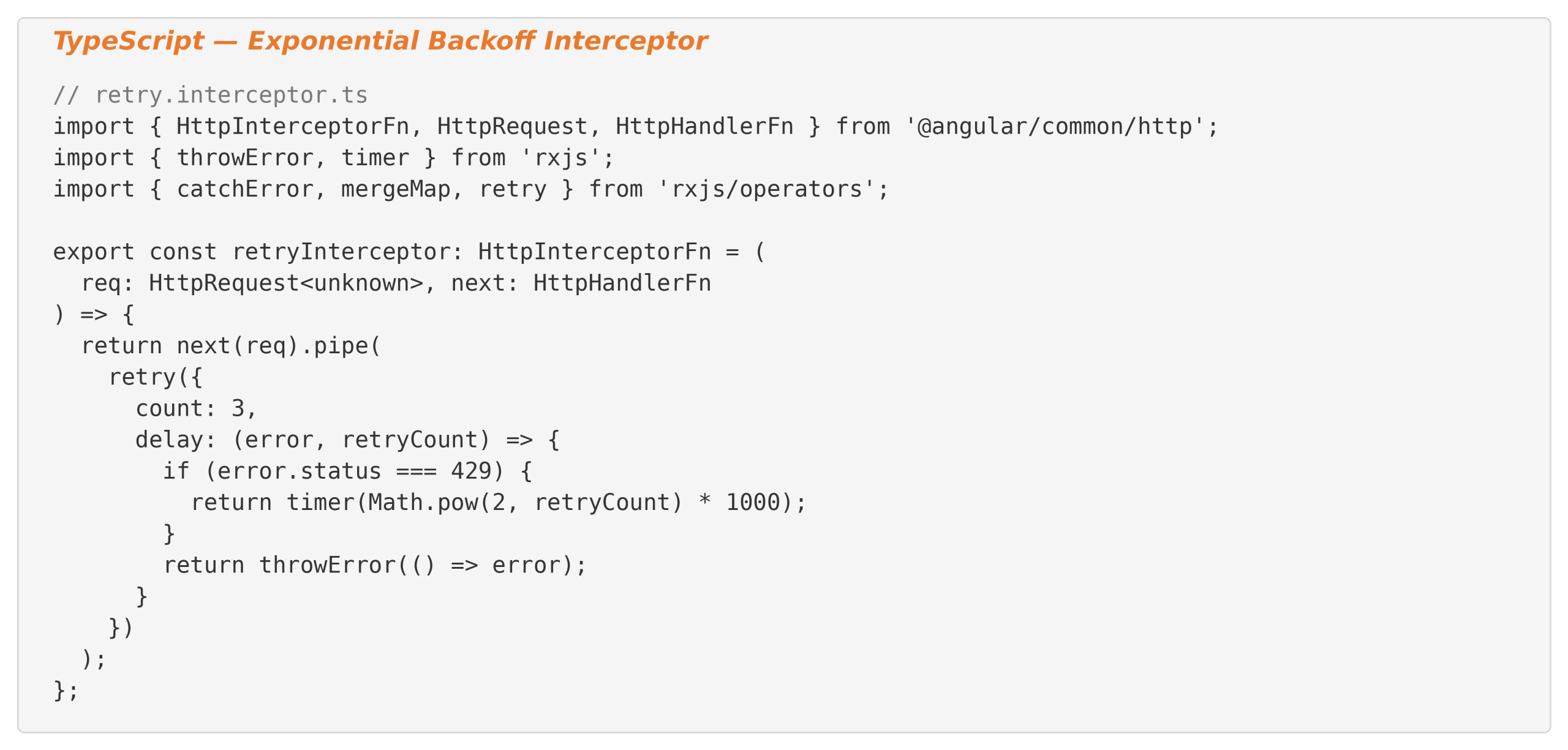 TypeScript Angular HTTP interceptor with exponential backoff retry for 429 errors using RxJS retry and timer