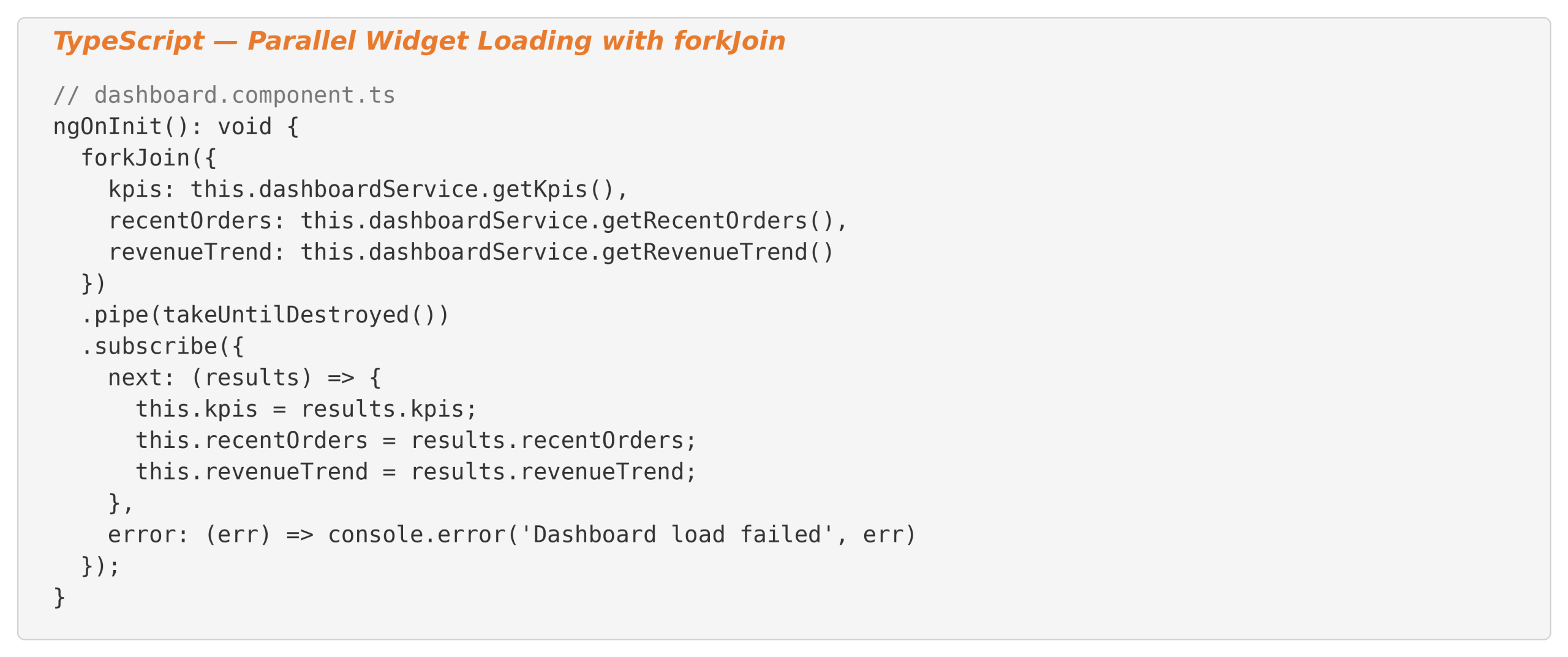 TypeScript Angular forkJoin example for parallel API calls loading KPIs, recent orders, and revenue trend efficiently