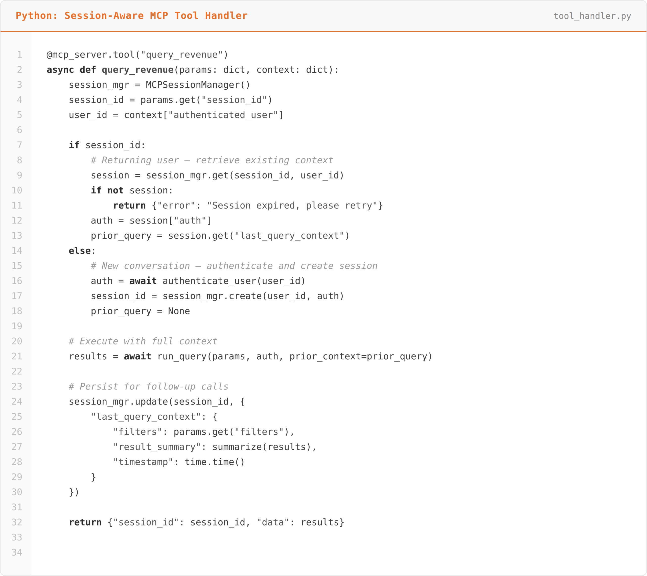 Python session-aware tool handler managing authenticated sessions and preserving query context for follow-up requests.
