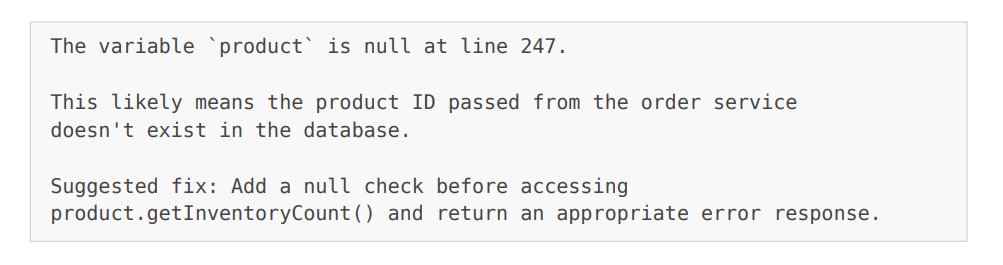 Debugging tool response suggesting a null check for a null product variable — a symptom-level fix that masks the real distributed systems bug