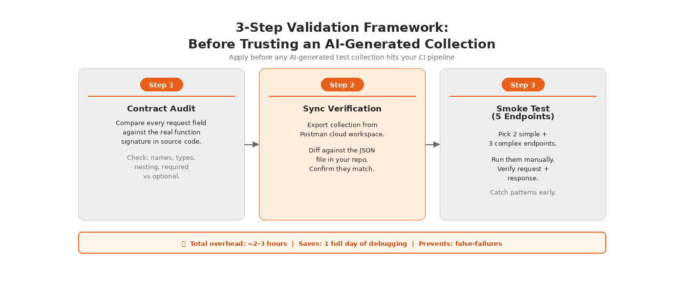 3-step API validation framework: Contract Audit, Sync Verification, Smoke Test — before trusting AI-generated Postman collections in CI.
